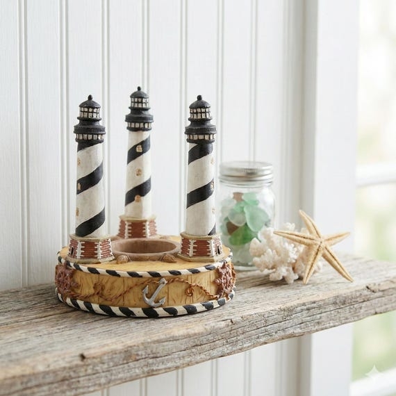 Candle Holder Lighthouse Shape Black And White Striped Accent