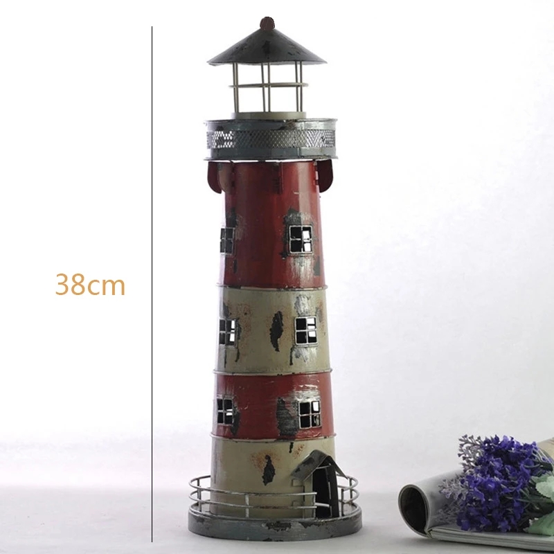 Candle Holder Lighthouse Shape Blue Accents White Metal Coastal Decor