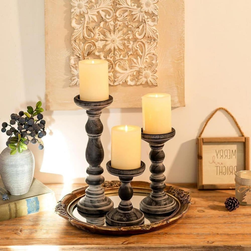 Candle Holder Matte Black Turned Pedestal Modern Farmhouse Mantel