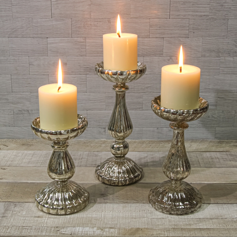 Candle Holder Mercury Glass Ribbed Surface Tiered Heights Silver