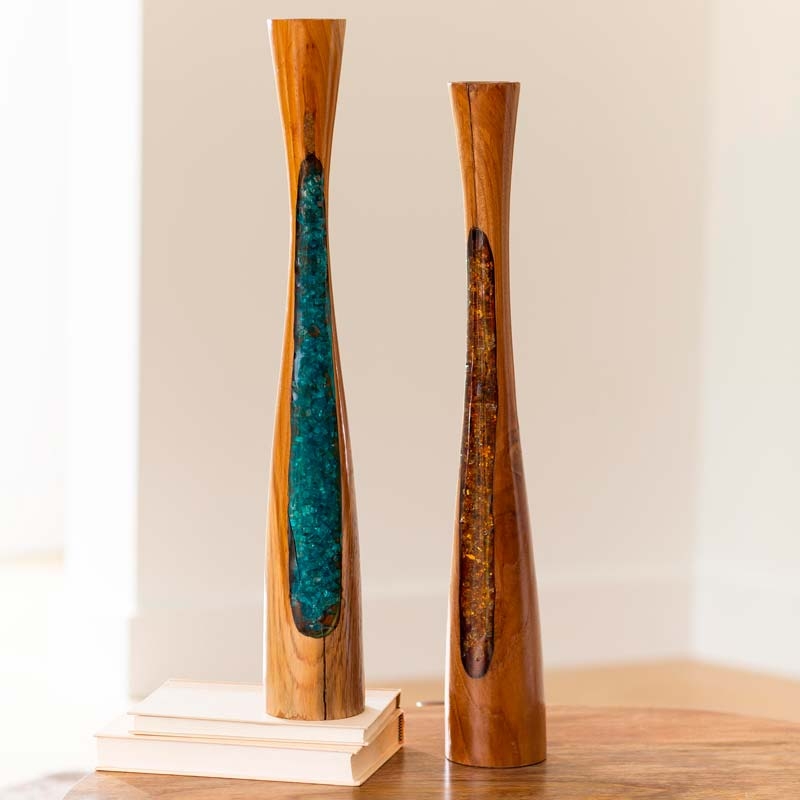 Candle Holder Molten Glass Gnarled Wood Base Tall Organic Sculpture