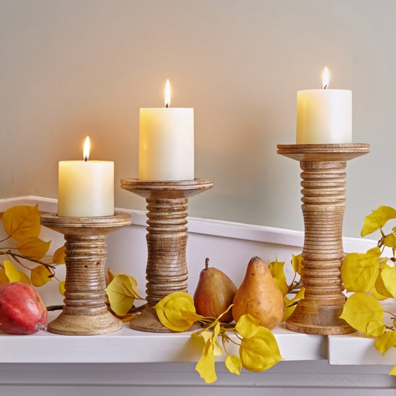 Candle Holder Natural Finish Turned Wood Graduated Heights Rustic