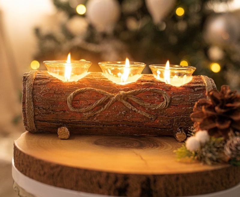 Candle Holder Natural Log Form with Silver Star and Pine Cone Accents