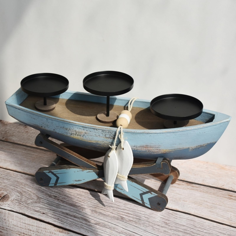 Candle Holder Nautical Boat Silhouette Centerpiece Distressed Wood