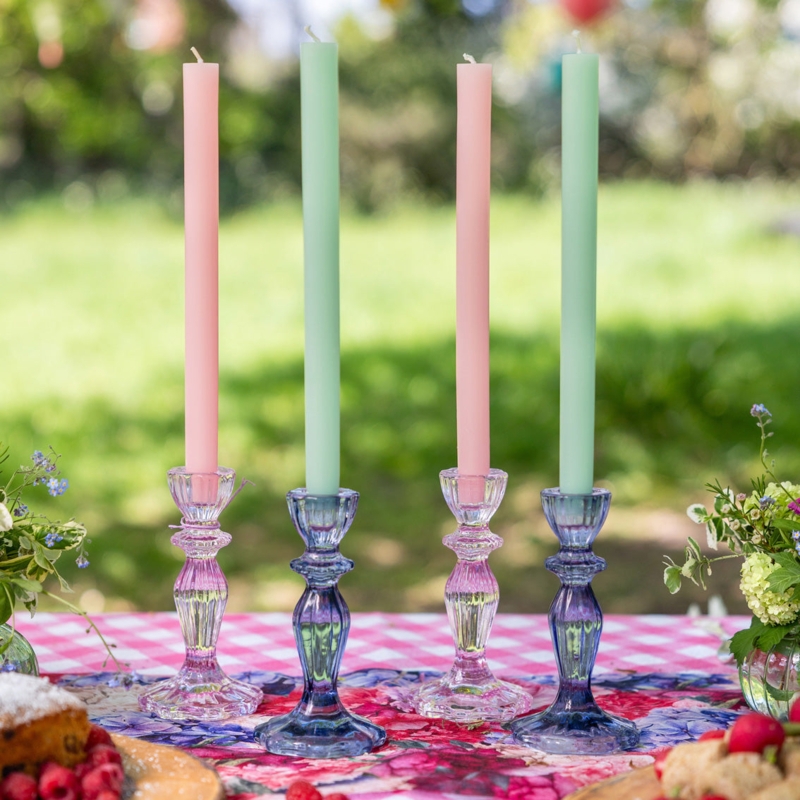 Candle Holder Navy Blue Ribbed Glass Pedestal Boho Taper Centerpiece