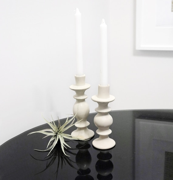 Candle Holder Pair Beige Stone Turned Silhouette Grey Striations