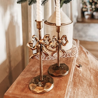 Candle Holder Pair Bow Motif Antique Gold Patina Finish