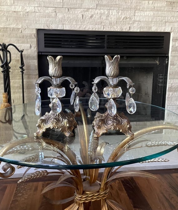 Candle Holder Pair Gold Metal Ornate Hanging Crystal Prisms Taper