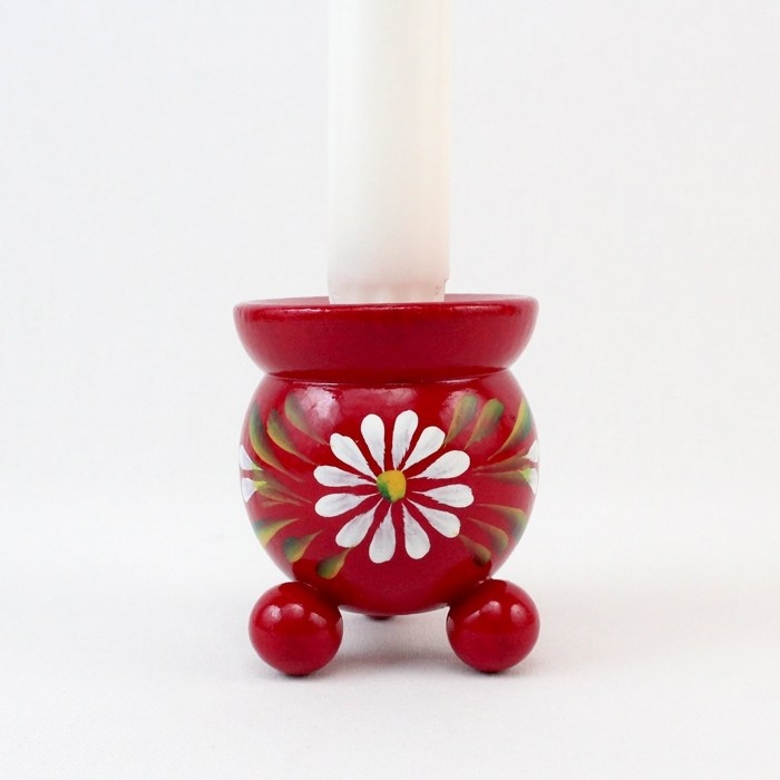 Candle Holder Pair, Hand Painted Daisy Red Barrel Shape