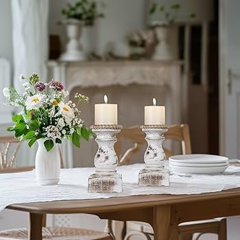 Candle Holder Pair: Heavy Distressed Whitewashed Wood Turned Pedestals