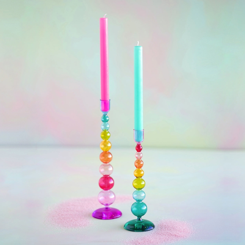 Candle Holder Pair Iridescent Glass Stacked Finial Rainbow Taper