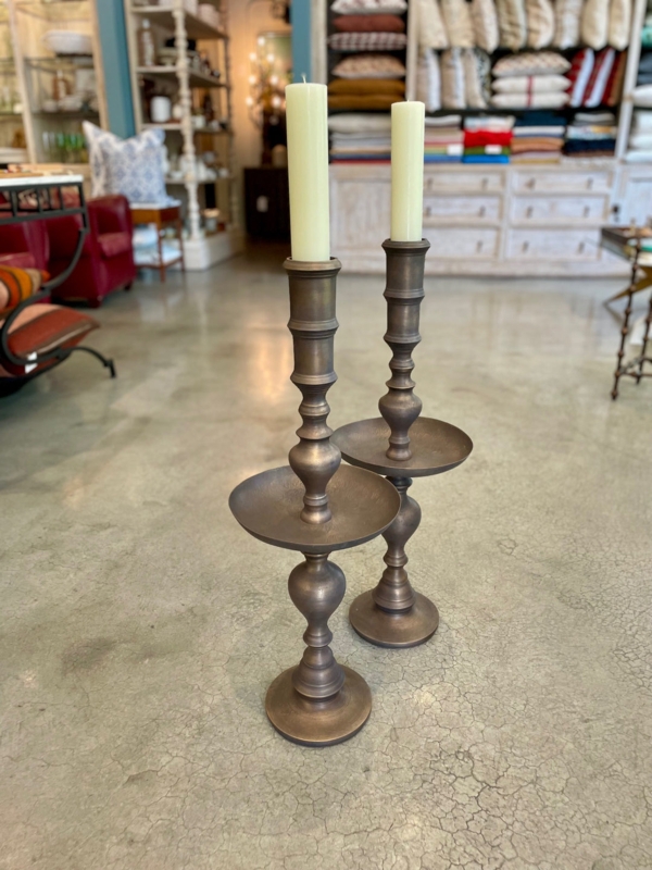 Candle Holder Pair Large Scale Turned Silhouette Antique Brass Bohemian