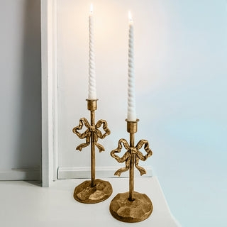 Candle Holder Pair Ribbon Motif Cast Texture Antique Gold Finish