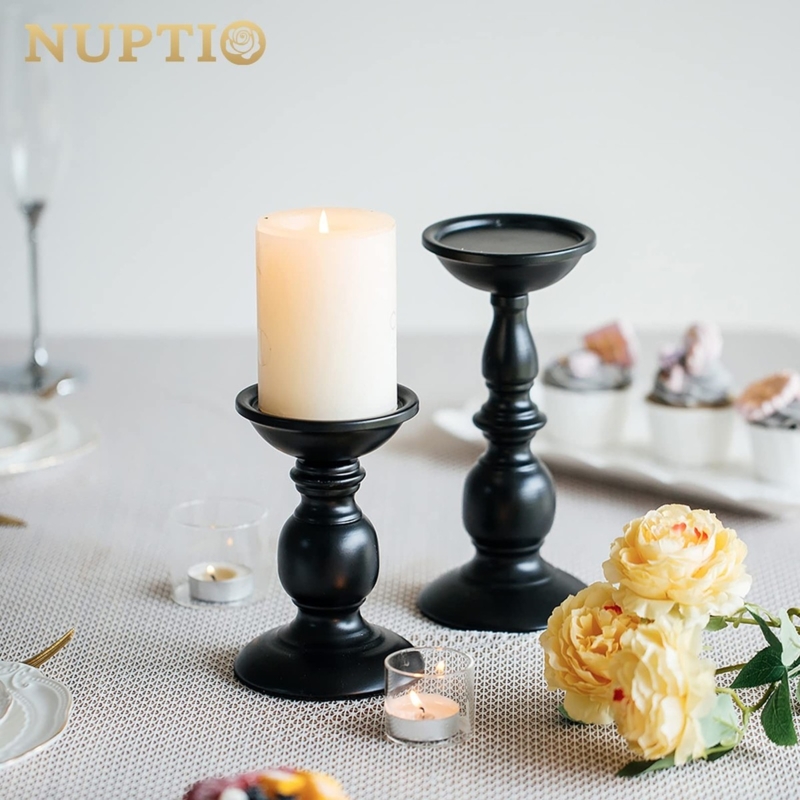 Candle Holder Pair with Turned Pedestal for Rustic Autumnal Tablescape.
