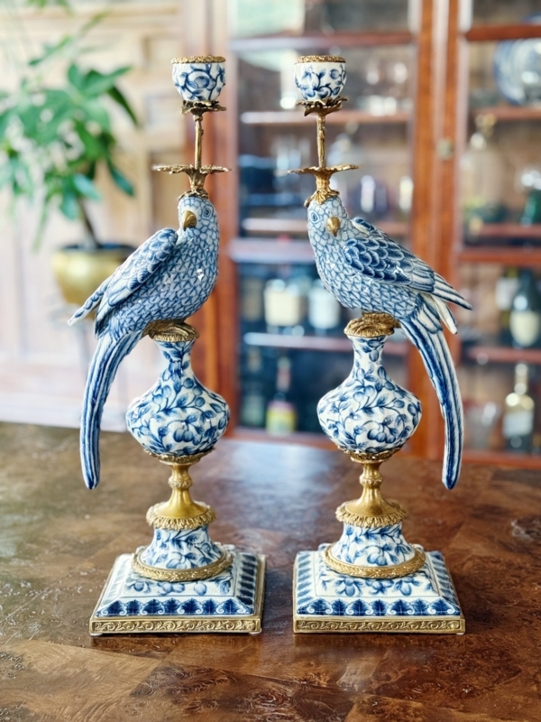 Candle Holder Parrot Figurine Blue White Porcelain Ormolu