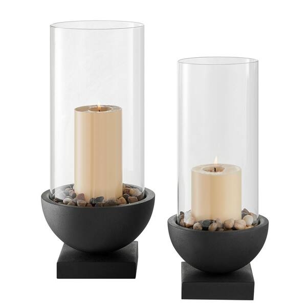 Candle Holder Pedestal Base Matte Black Metal Glass Chimney Minimalist