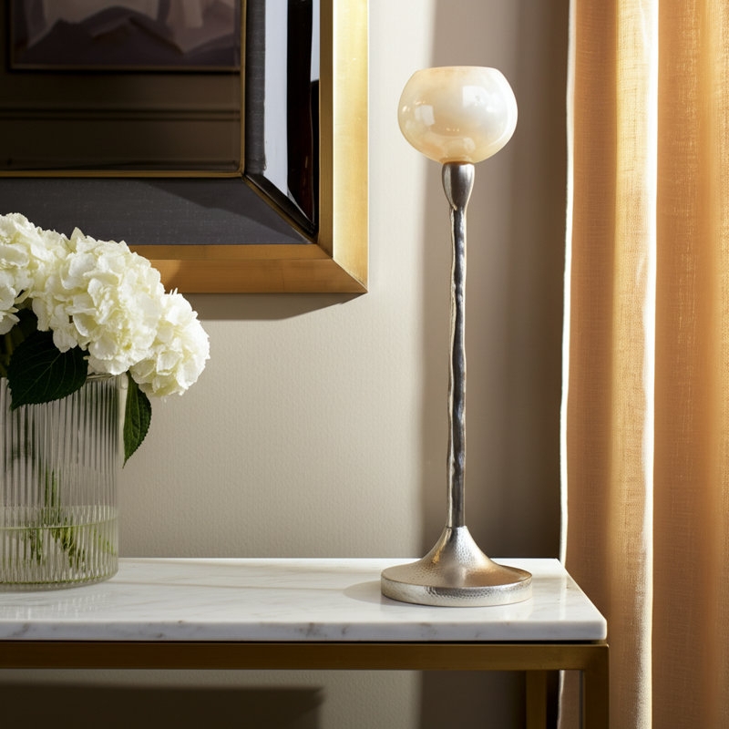 Candle Holder: Polished Aluminum Base with Clear Glass Hurricane Sleeve