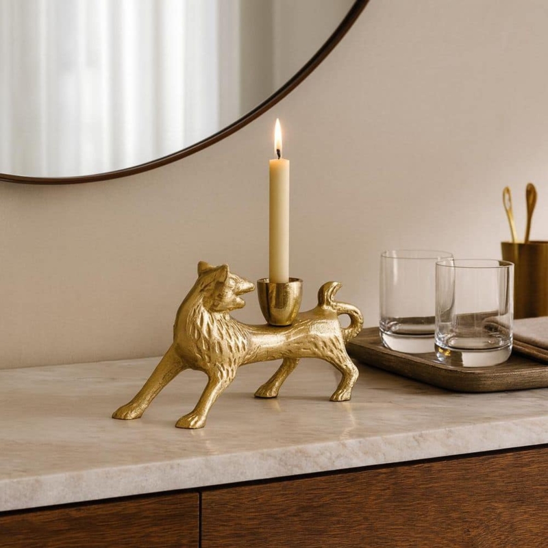 Candle Holder Polished Gold Fox Shaped Sitting Posture Sculptural Decor