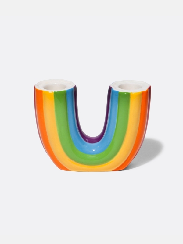 Candle Holder Rainbow Shape Matte White Striped Interior 3-Wick