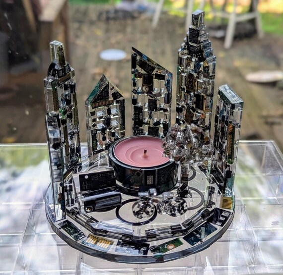 Candle Holder Recycled Motherboard Cityscape Resin Sci-Fi Art Decor