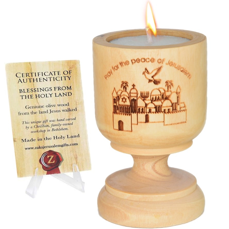 Candle Holder Religious Olive Wood Candle Holder with Engraved Text