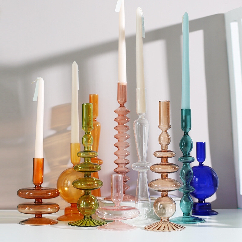 Candle Holder Ribbed Glass Stacked Geometric Jewel Toned Trio