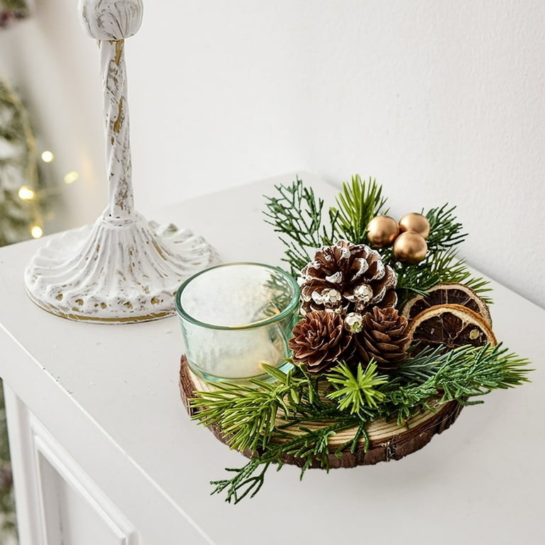 Candle Holder Round Tray with Pinecone Accents and Berry Embellishments