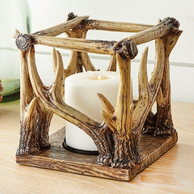 Candle Holder Rustic Antler Motif Lodge Style Resin Decor