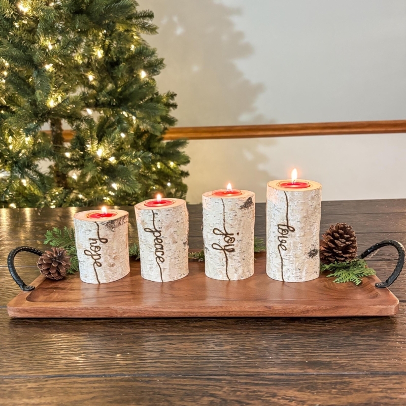 Candle Holder Rustic Block Silhouette, Wood Grain Advent Centerpiece.