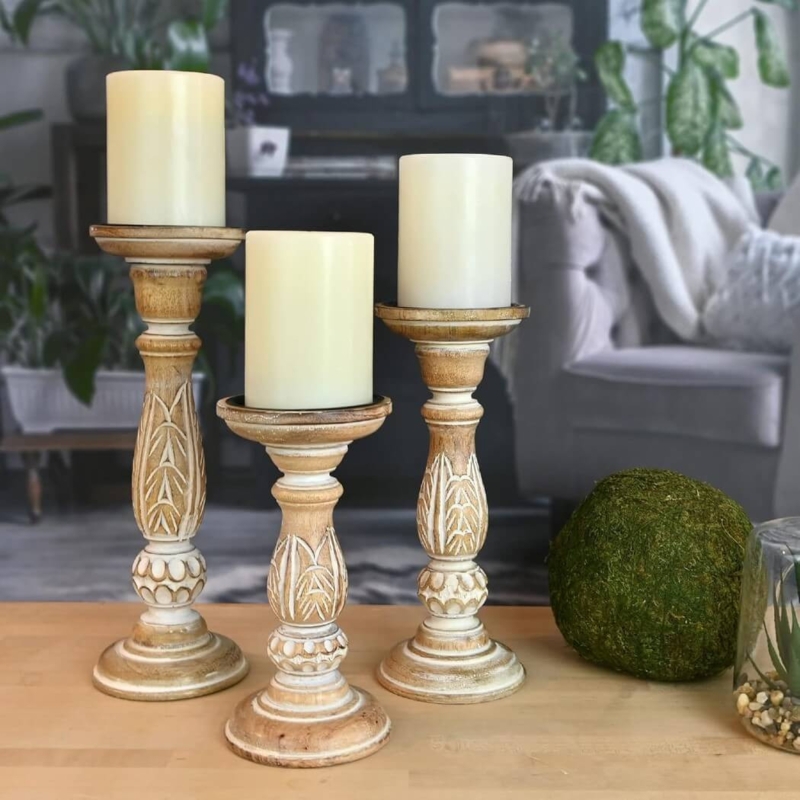 Candle Holder Rustic Farmhouse Whitewashed Distressed Turned Wood
