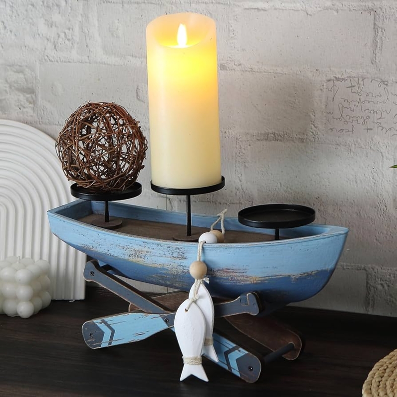 Candle Holder Rustic Wood Boat Silhouette Three Slots Tealight