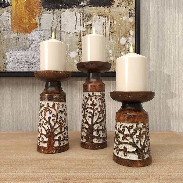 Candle Holder Scrolled Base Wood Toned Matte Finish Rustic Pillar Set