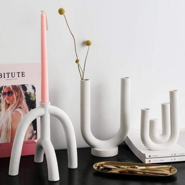 Candle Holder Sculptural Arch Matte White Ceramic Trio