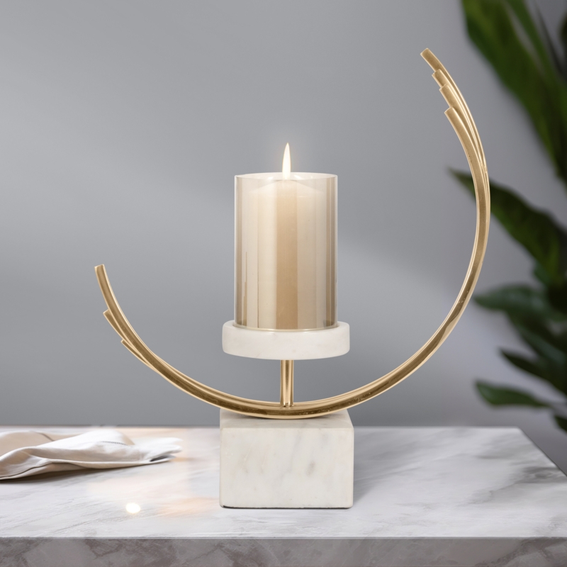 Candle Holder: Sculptural Crescent Frame with Cylindrical Cup