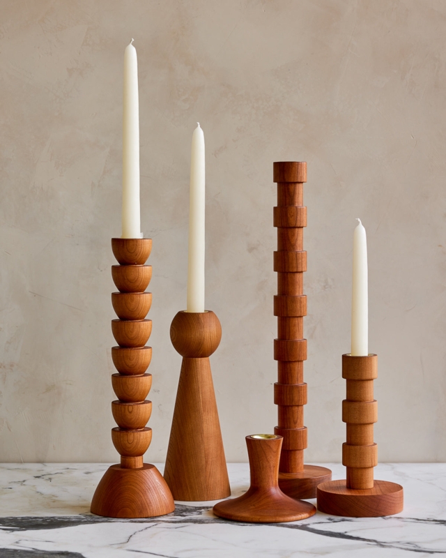 Candle Holder Sculptural Form Turned Wood Minimalist Taper Set