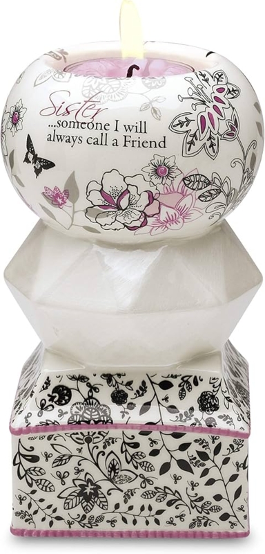 Candle Holder Sentimental Sister Gift Idea with Metal Leaf Accent
