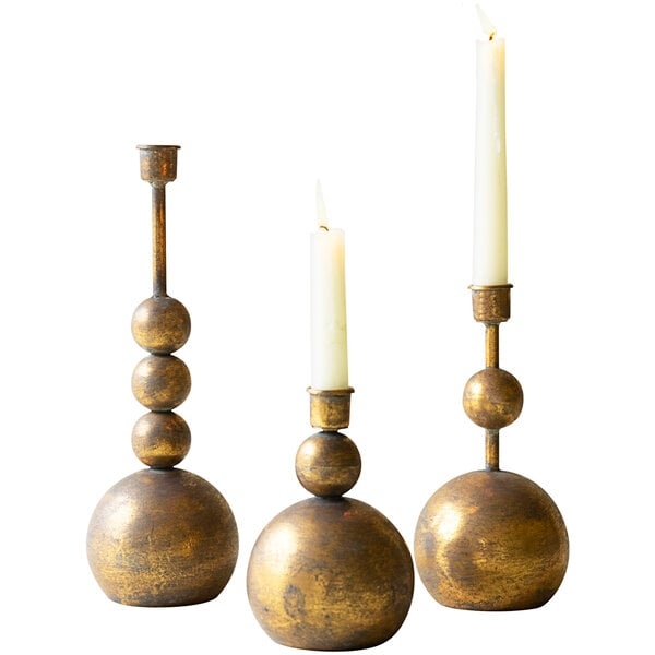 Candle Holder Set Antique Brass Graduated Heights Textured