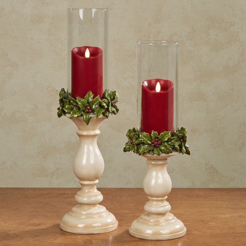 Candle Holder Set, Antique Ivory Finish Holly Leaf Motif.