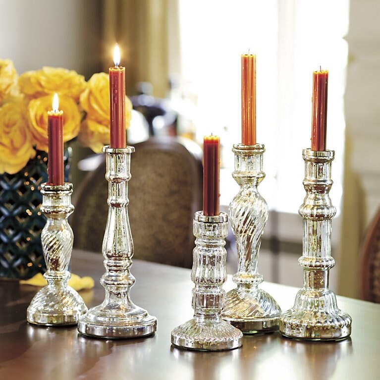 Candle Holder Set Antiqued Mercury Glass Assorted Turned Silhouettes