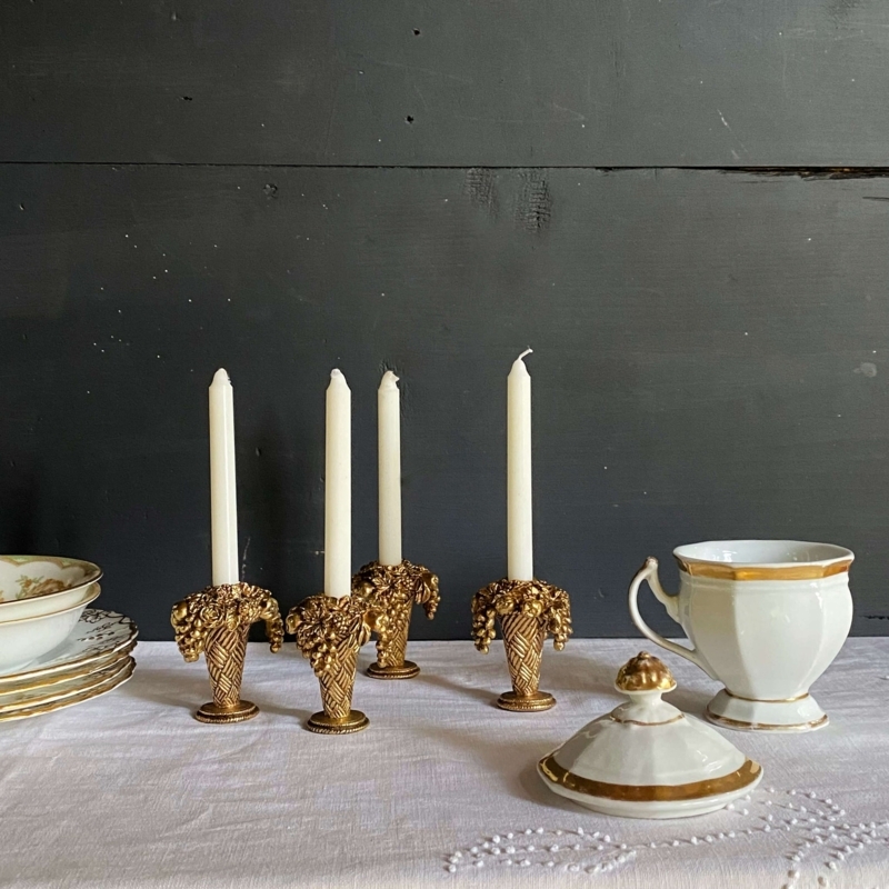 Candle Holder Set Basket Shape Neoclassical Floral Details Gold