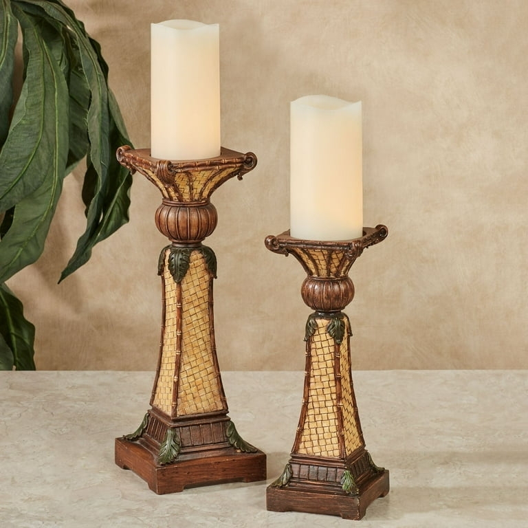 Candle Holder Set Basketweave Pattern Woven Bamboo-Like Coastal Decor