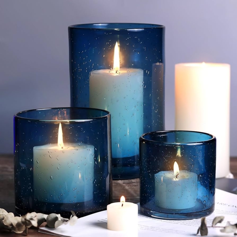 Candle Holder Set Blue Seeded Bubbles Glass Tiered Heights Hurricanes