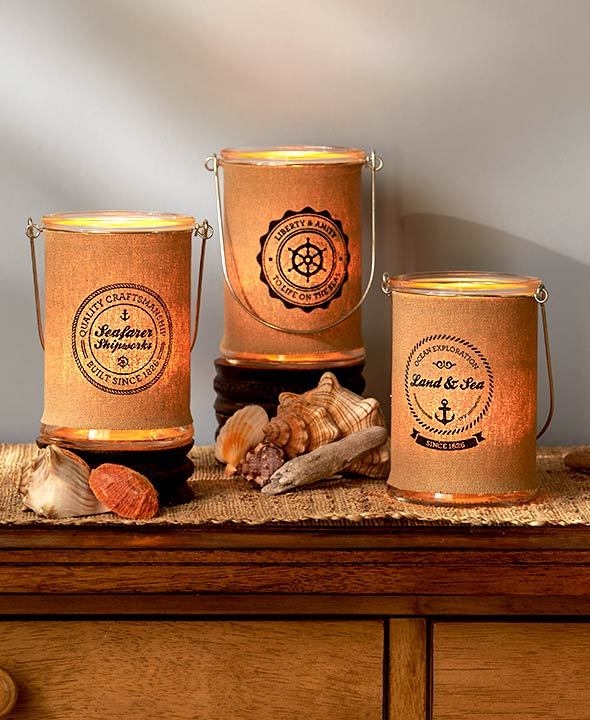 Candle Holder Set Burlap Wrapped Nautical Charms Rope Tie