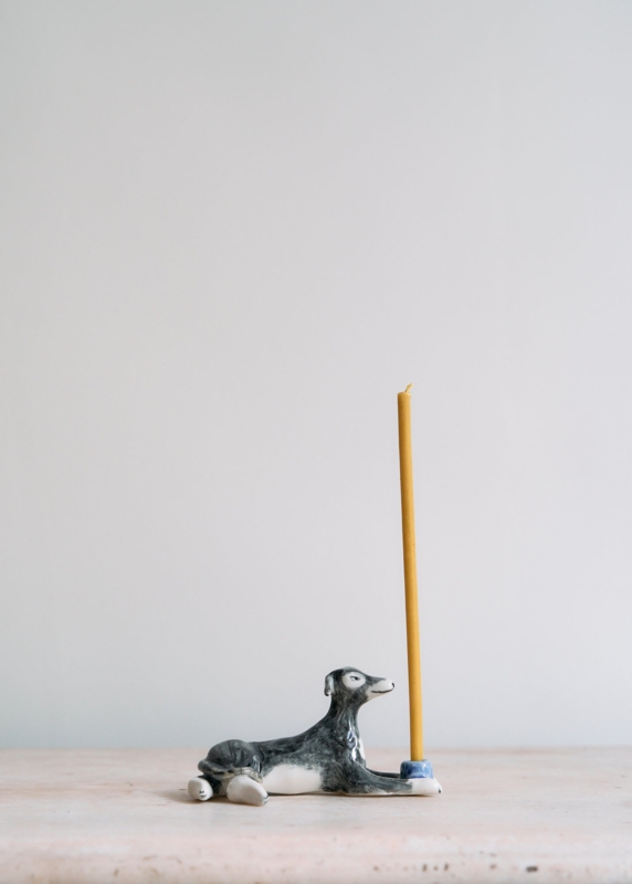 Candle Holder Set Ceramic Dog Silhouettes Hand Molded Spotted Pattern