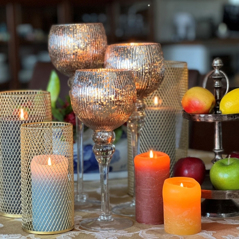 Candle Holder Set Champagne Gold Ribbed Mercury Glass Goblets Tiered