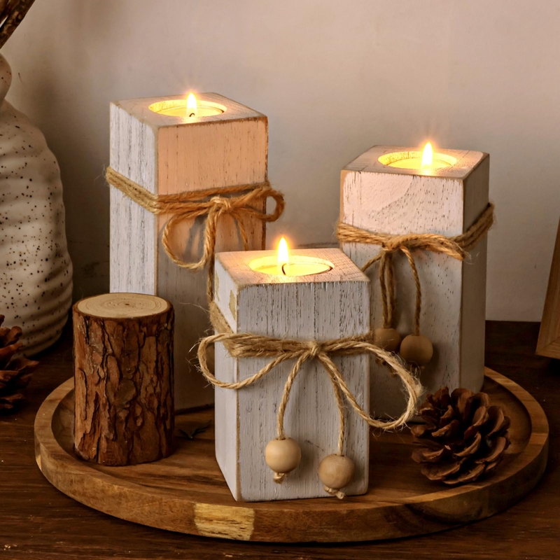 Candle Holder Set, Chunky Wood Blocks, Staggered Set, Natural Wood Grain