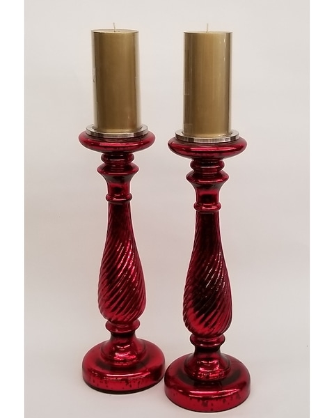 Candle Holder Set, Clear Beaded Glass with Red Pillar Candles