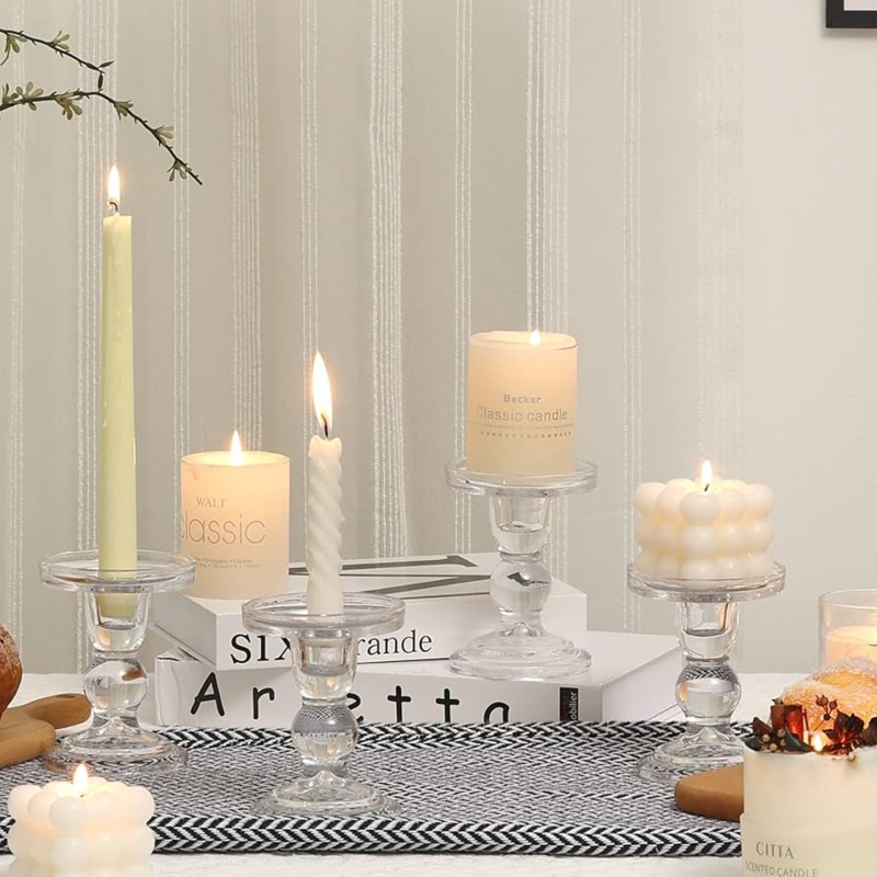 Candle Holder Set Clear Glass, Dual Use Staggered Heights Centerpiece.
