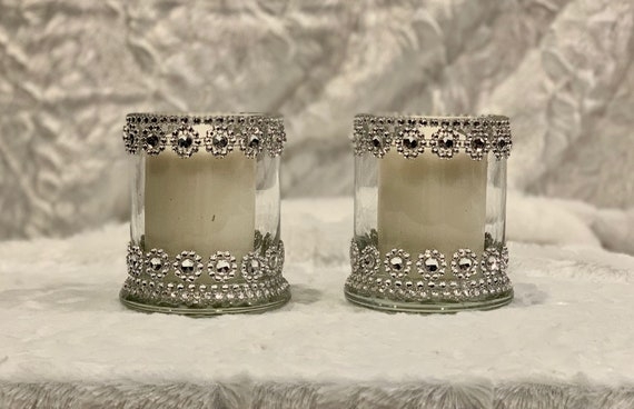 Candle Holder Set Clear Glass Pedestal Crushed Crystal Inserts Graduated