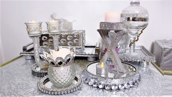 Candle Holder Set Clear Glass Tiered Base Rhinestone Trim Pillar